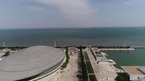 aerial footage of park of the nations in lisbon