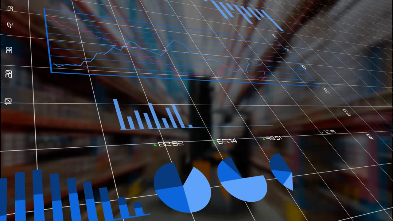 animación del procesamiento de datos estadísticos contra una pila de cajas en un almacén vacío