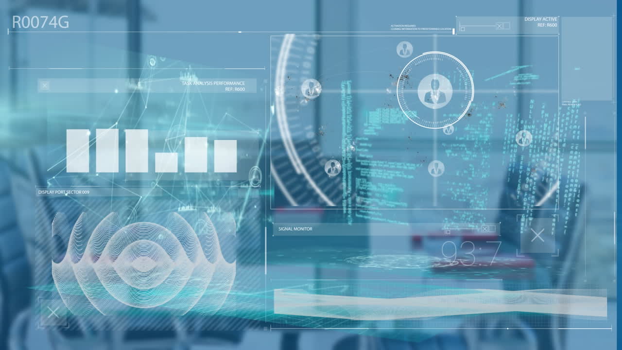 그래프, 음파, 프로파일 아이콘, 컴퓨터 언어를 통해 빈 사무실 객실의 숫자의 애니메이션