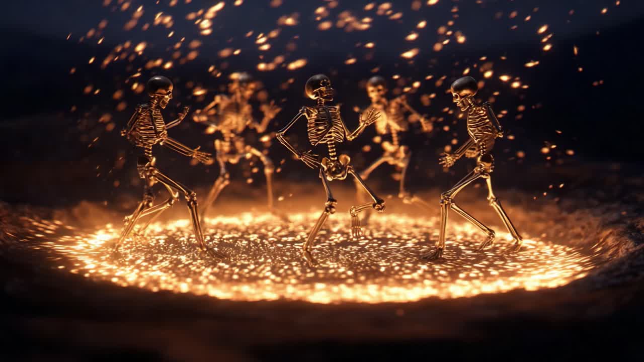 A captivating scene of animated skeletons dancing joyfully around a glowing, fiery pit, surrounded by mesmerizing sparkling particles, creating a hauntingly beautiful ambiance
