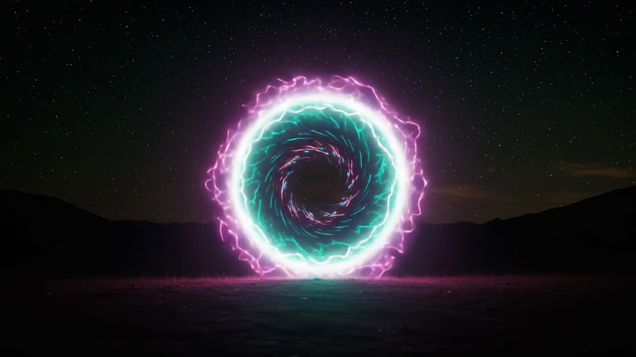 A mesmerizing glowing portal featuring vibrant swirling lights of teal and pink set against a starry night sky, inviting exploration into the unknown and the mysterious