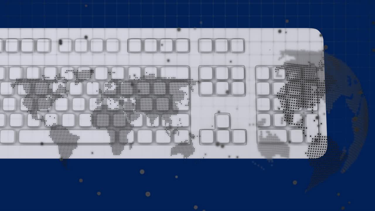 Animation of data processing, globe and world map over computer keyboard