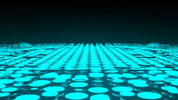 Glowing Teal Dot Grid Stretches Into Reflective Horizon, Slow Ambient Animation Of Floating Discs On Dark