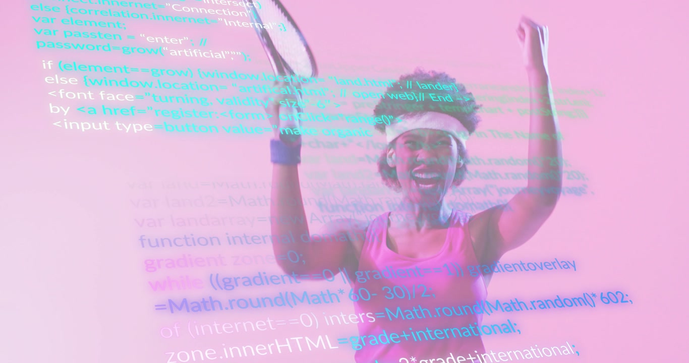 Woman adjusting grip, swinging racket into forehand code overlay showing tech celebrating victory