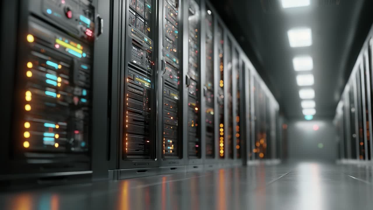 A Visual Journey Through a Modern Data Center: Exploring Rows of Server Racks with Vibrant LED Indicators and High-Tech Infrastructure
