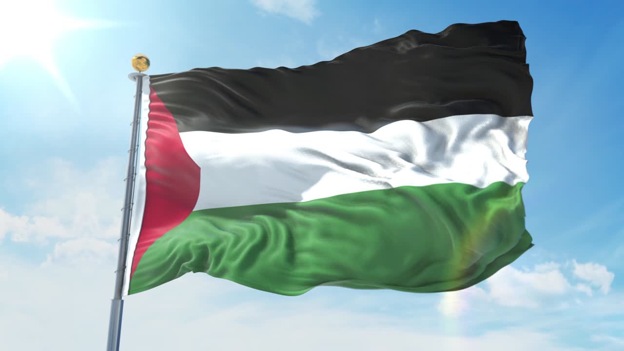 깊은 파란 하늘을 배경으로 바람에 흔들리는 팔레스타인 발, 국가 테마, 국제 개념, 3d 렌더링, 원활한 루프, 4k
