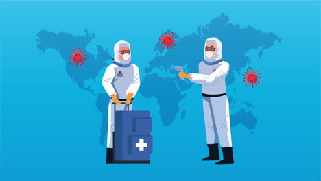 biosafety workers with thermometer and earth maps covid19 control