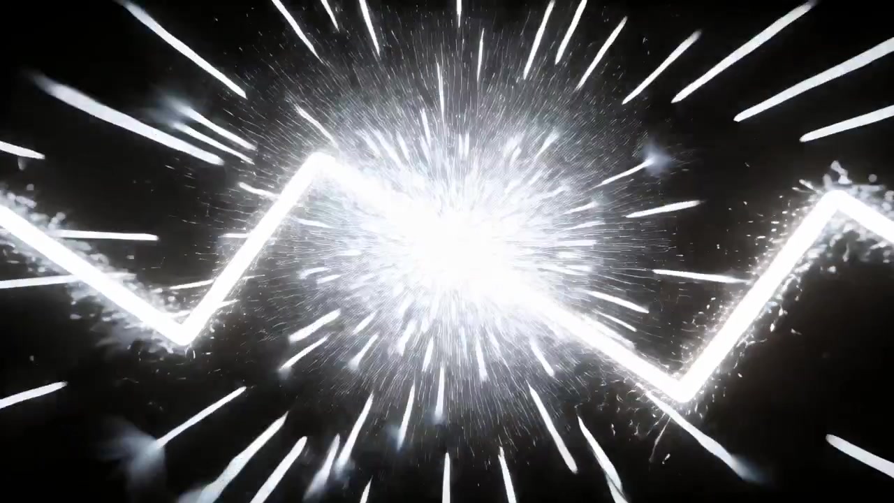 Pulsing zigzag and center spark brightening into flash in black void, streaks and sparks trailing