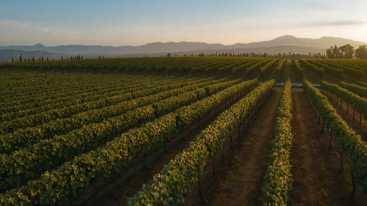 Drone che vola a bassa quota su un vigneto, con convergenza di viti a spalliera, sentieri sterrati, luce calda