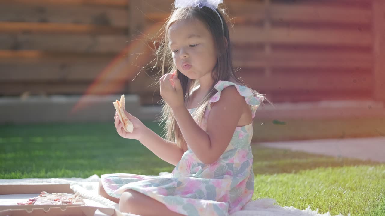 어머니와 딸은 잔디로 인 잔디에서 야외에서 여름 피크닉을 즐기고, 피자를 나누고, 은 날에 함께 좋은 시간을 보내고 있습니다. 가족 결합 장면은 여가와 휴식을 반영합니다.