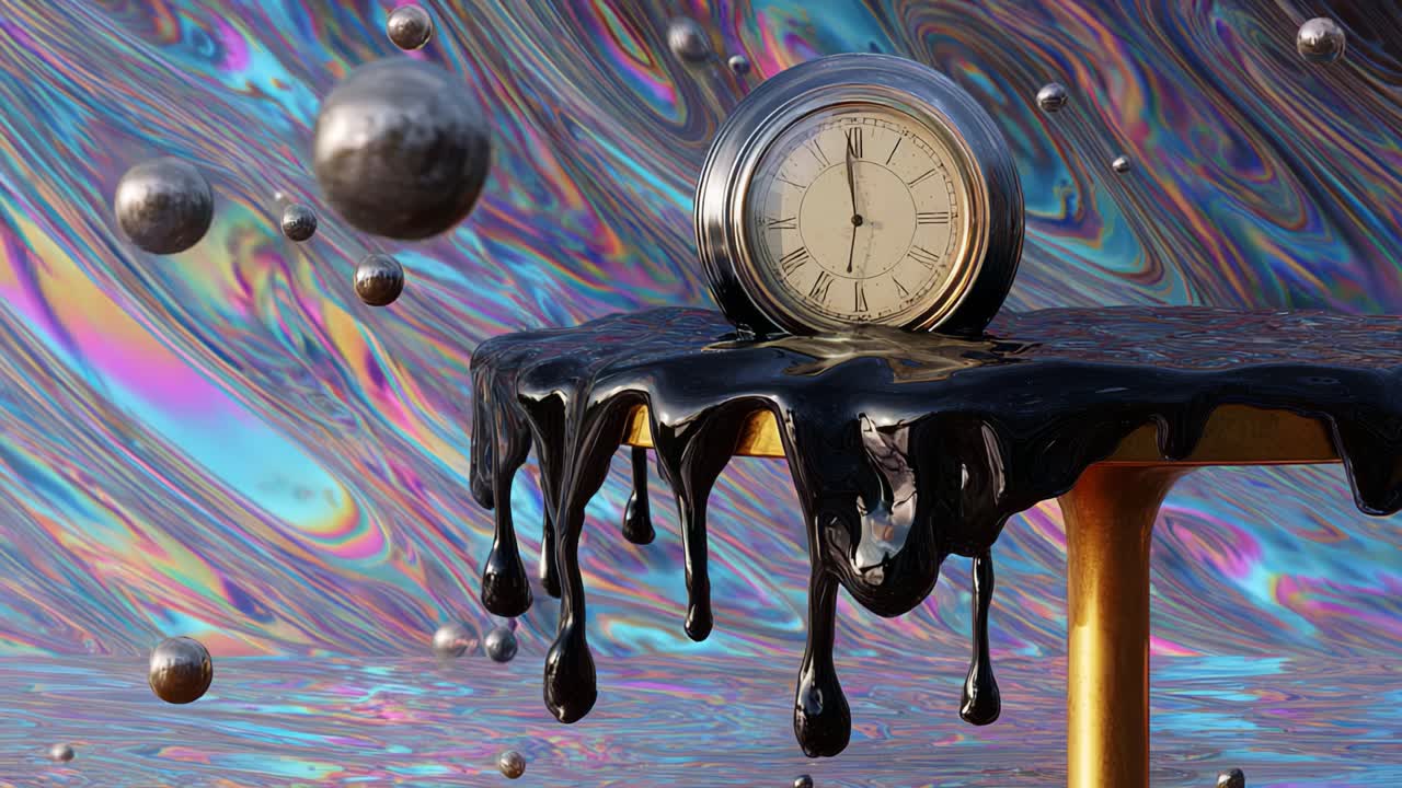 A Surreal Representation of Time: A Melting Clock on a Glossy Surface Amidst Colorful Spheres, Symbolizing the Fluidity of Time and Reality in a Vivid and Hypnotic Setting