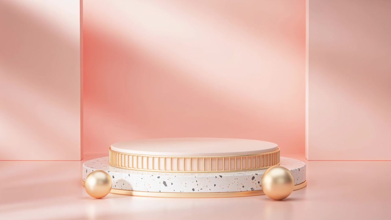 Light sweep sending gold spheres rolling toward terrazzo podium on pastel pink set showing podium