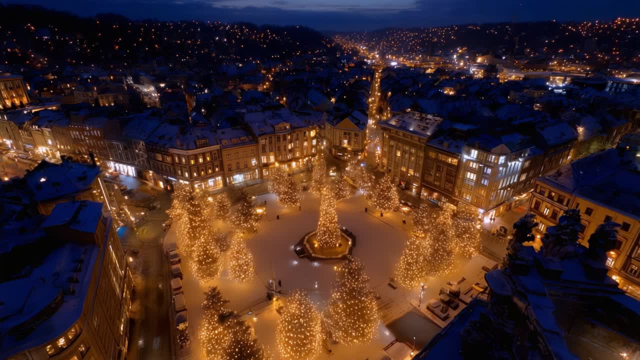 A stunning nighttime aerial view of a beautifully decorated square filled with twinkling Christmas trees, glowing lights, and festive ambience, creating a magical holiday atmosphere in a picturesque urban setting