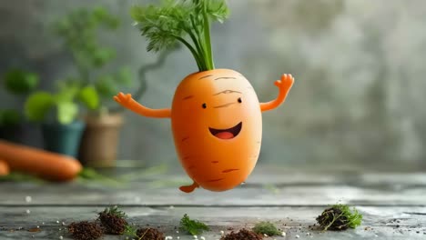 a cartoon carrot with a smiley face running on a wooden table