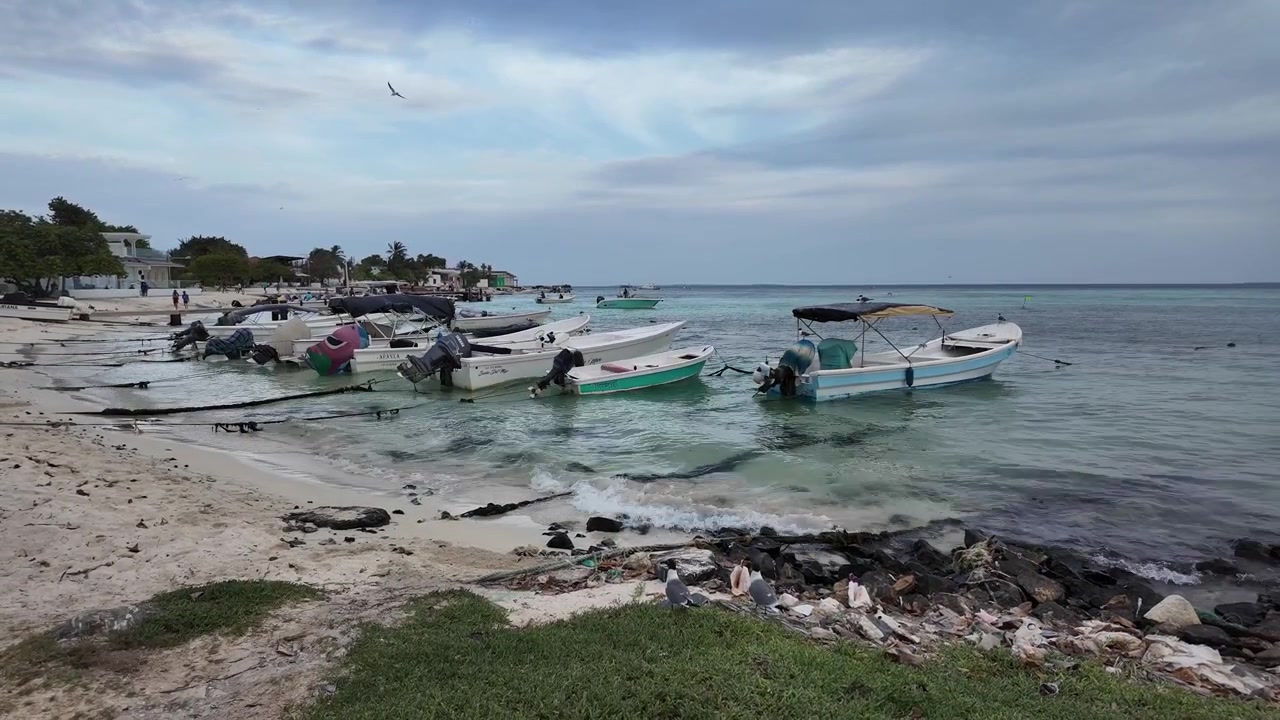 Baia caraibica tranquilla con barche ormeggiate sotto un cielo nuvoloso