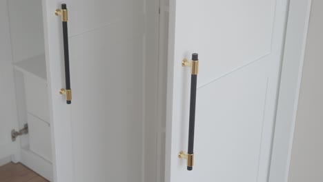 cerrar las puertas del armario blanco con manijas de puerta doradas y negras