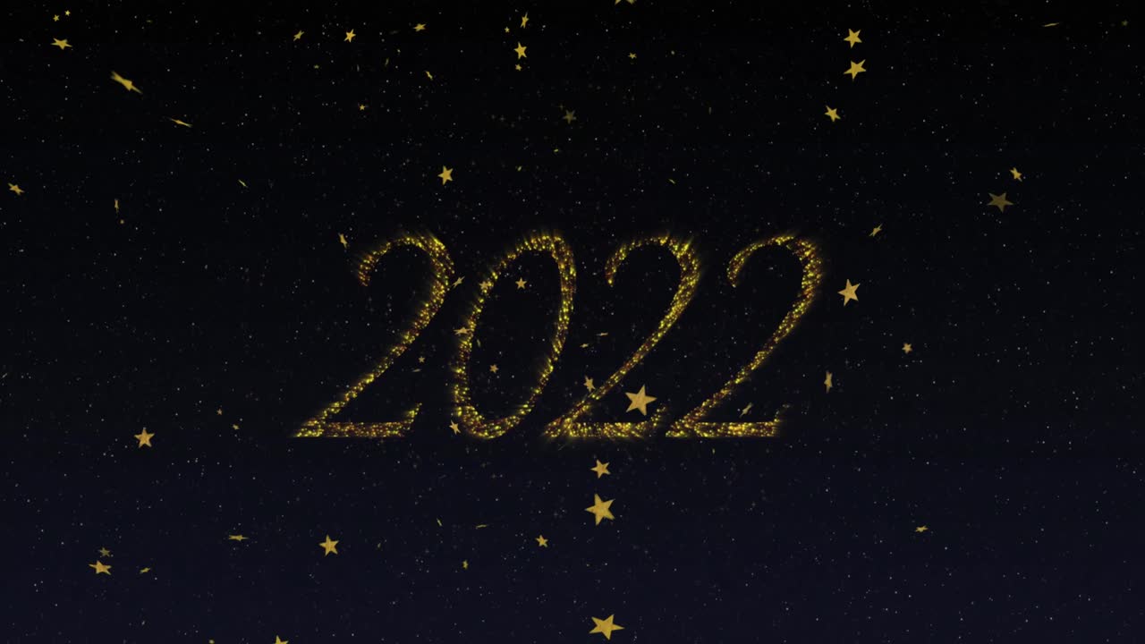 Animazione del testo '2022' in oro con fuochi d'artificio di Capodanno e stelle dorate nel cielo notturno