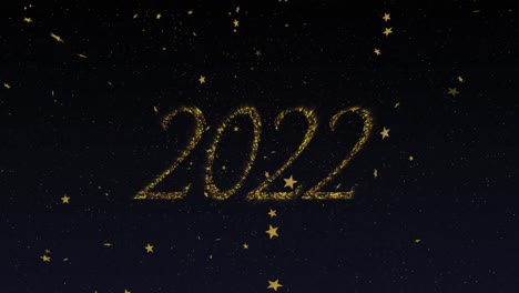 animation of 2022 text in gold with new year fireworks and gold stars in night sky