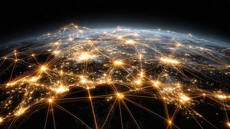 Dynamic Global Network Visualization: A Stunning Representation of Interconnectedness and Communication Across Continents Through Illuminated Connections and Data Exchange