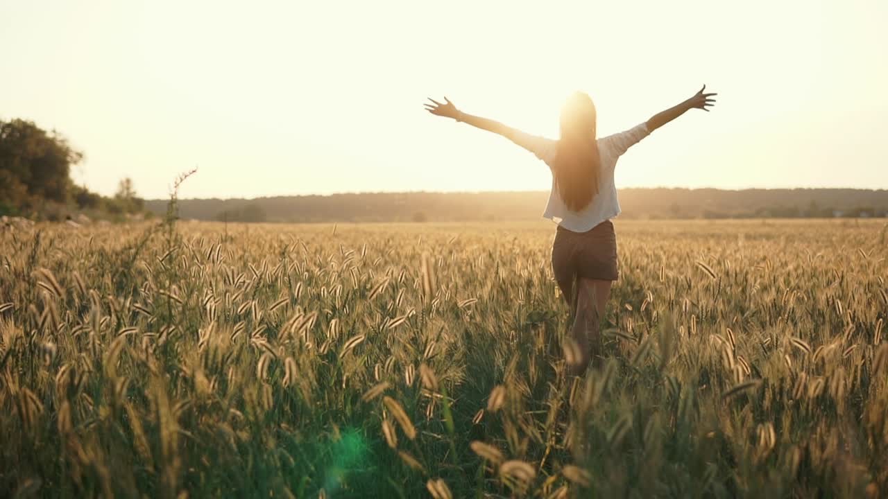 mujer disfrutando de un paseo al atardecer en un campo de trigo