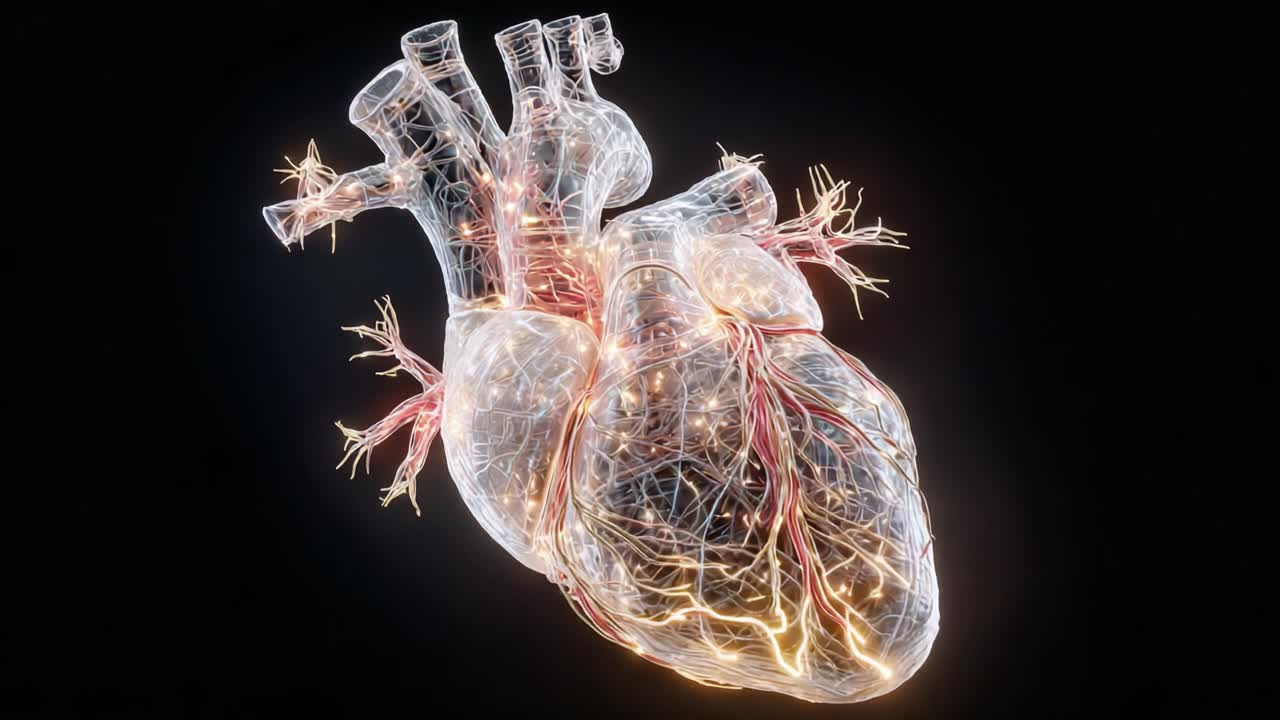 A Detailed Visualization of the Heart Anatomy Featuring Luminous Vascular Connections and Intricate Chamber Structures in a Stunningly Realistic 3D Rendering