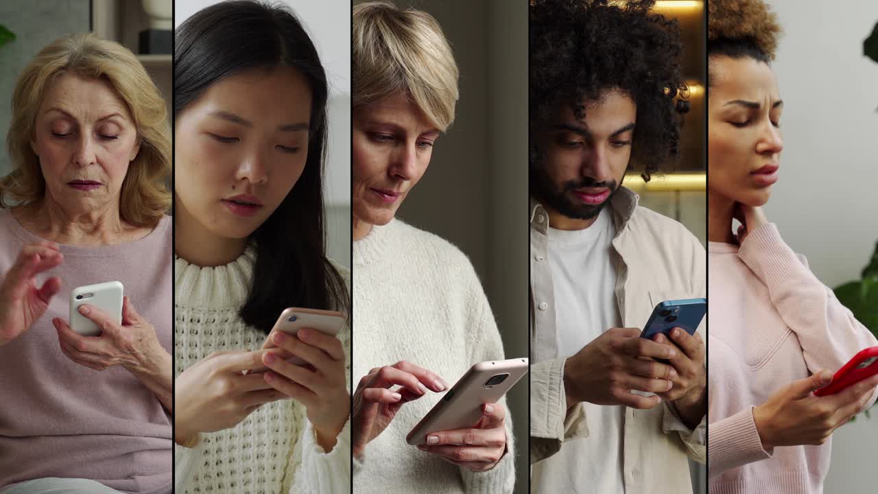 collage de personas de diferentes nacionalidades que usan teléfonos móviles