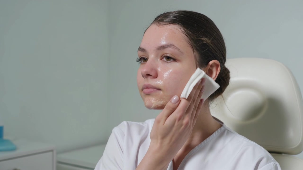 Folding seated woman in white uniform pressing white wipe across forehead at clinic, removing foam