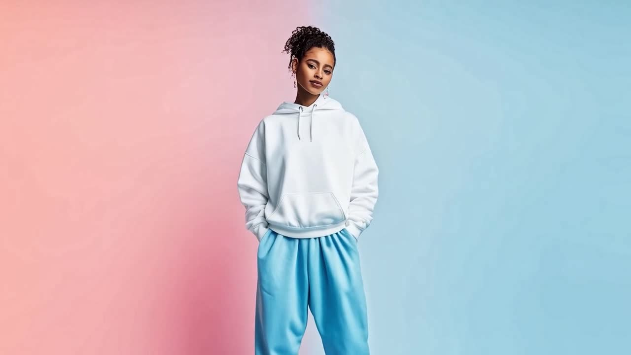 Woman in white hoodie and blue sweatpants