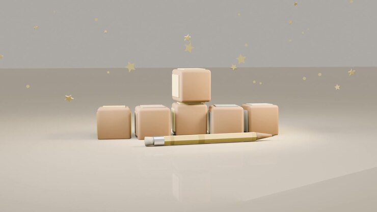 Spotlight rising, beige cubes dropping, stacking into pyramid on stage, pencil sliding, gold stars