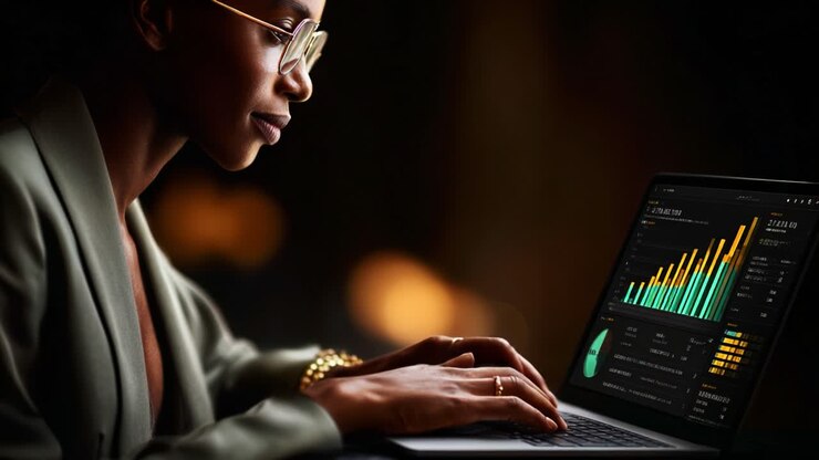 Focused Analysis: A Professional Engages with Dynamic Data Visualization on her Laptop, Highlighting Trends and Insights through Modern Analytics Tools in a Dimly Lit Environment