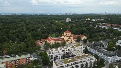 Above-the-highways-and-rooftops-of-the-historic-city-of-Munich,-Germany