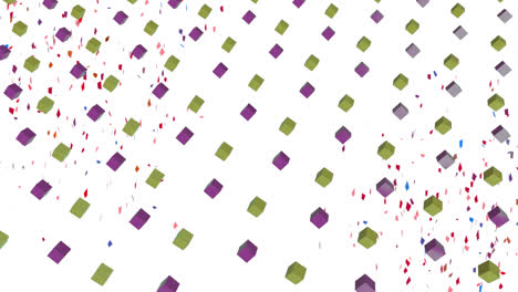 Animation-of-colorful-geometrical-and-confetti-falling-shapes-over-white-background