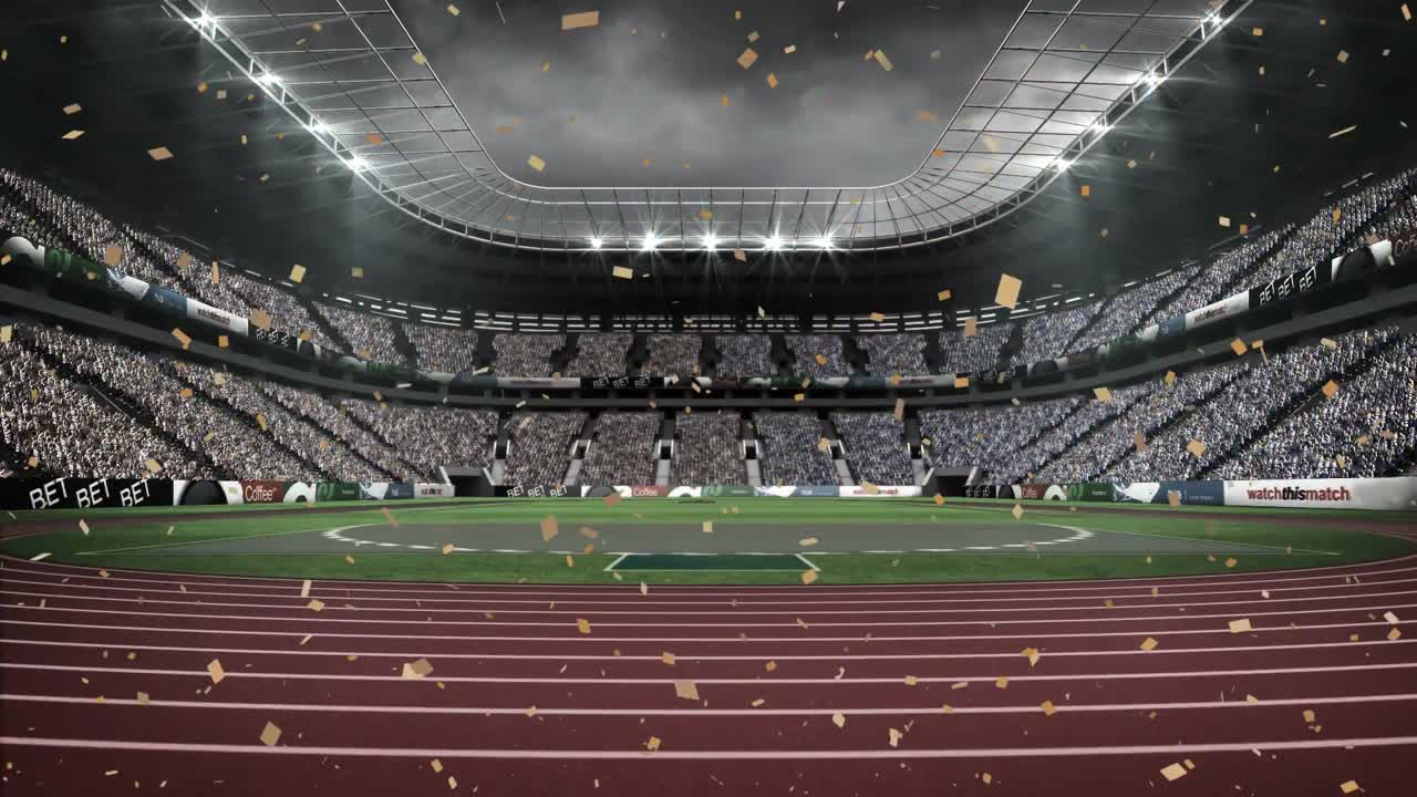 스포츠 경기장 위로 떨어지는 콘페티의 애니메이션