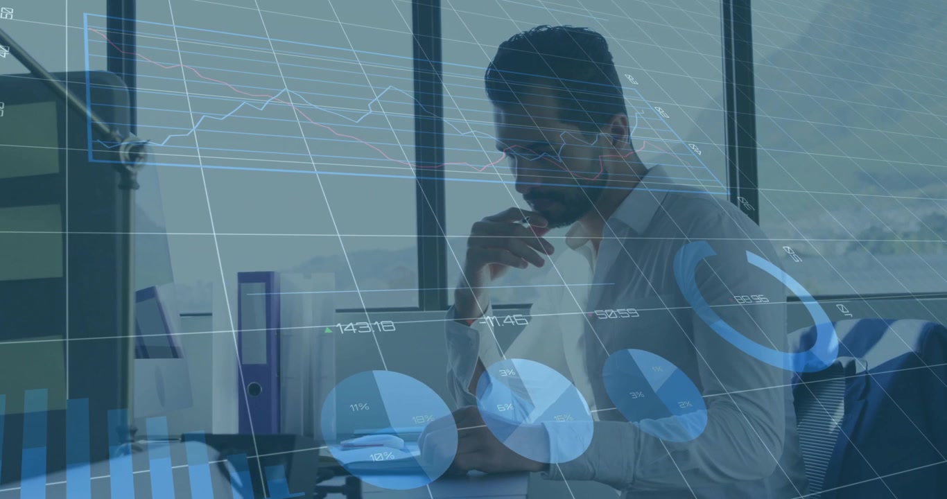 Analyst typing data commands on laptop and generating animated business charts while writing notes