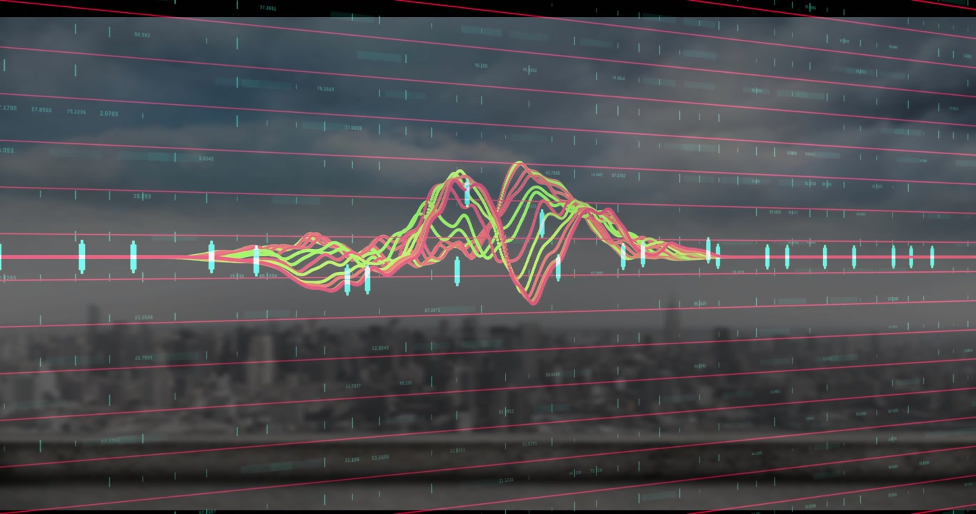 Oscillating colorful waveform lines visualizing data variation with rising peaks, shifting leftward