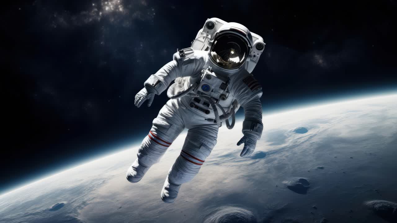 A cinematic video still of an astronaut floating in space, captured from a low-angle