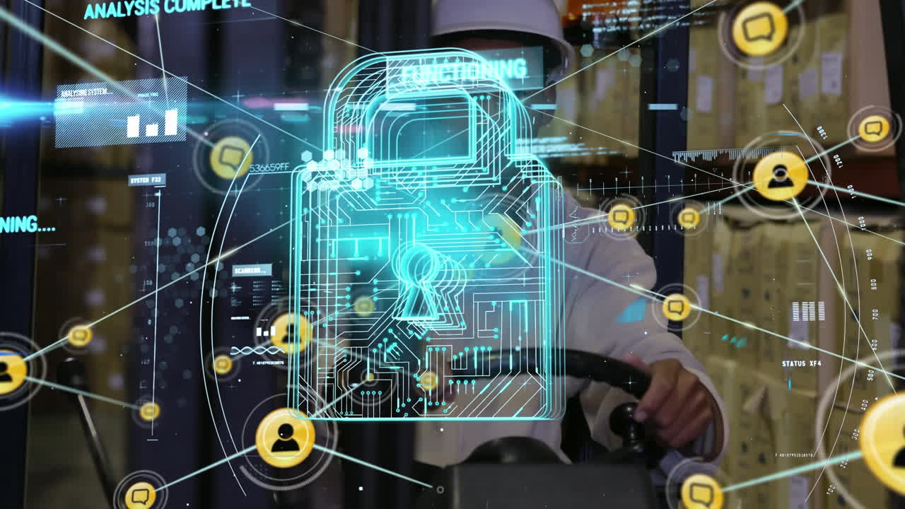 animación del procesamiento de datos sobre un trabajador afroamericano que muestra los pulgares hacia arriba sentado en una carretilla elevadora.
