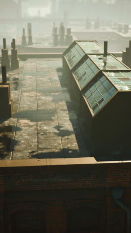 a rooftop view of a cityscape in the fog