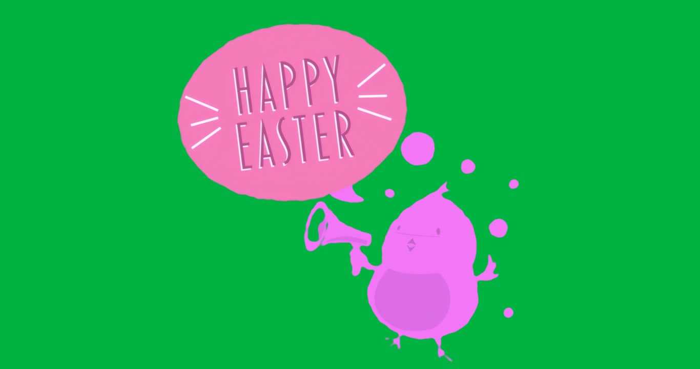 Cartoon chick holding megaphone on transparent background, announcing Easter marketing with circles