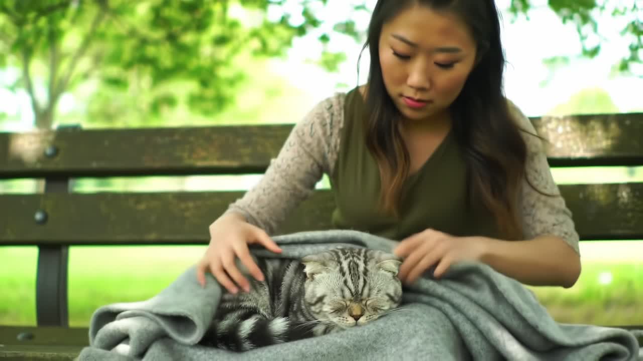 A Serene Moment in the Park: A Woman Gently Wraps a Cozy Cat in a Blanket on a Sunny Day, Reflecting Tranquility and Comfort in Nature