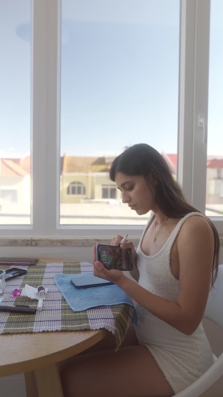 Mujer joven limpiando la pantalla de un smartphone en casa