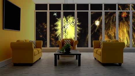 animation of modern interior with yellow christmas and new year fireworks exploding in night sky