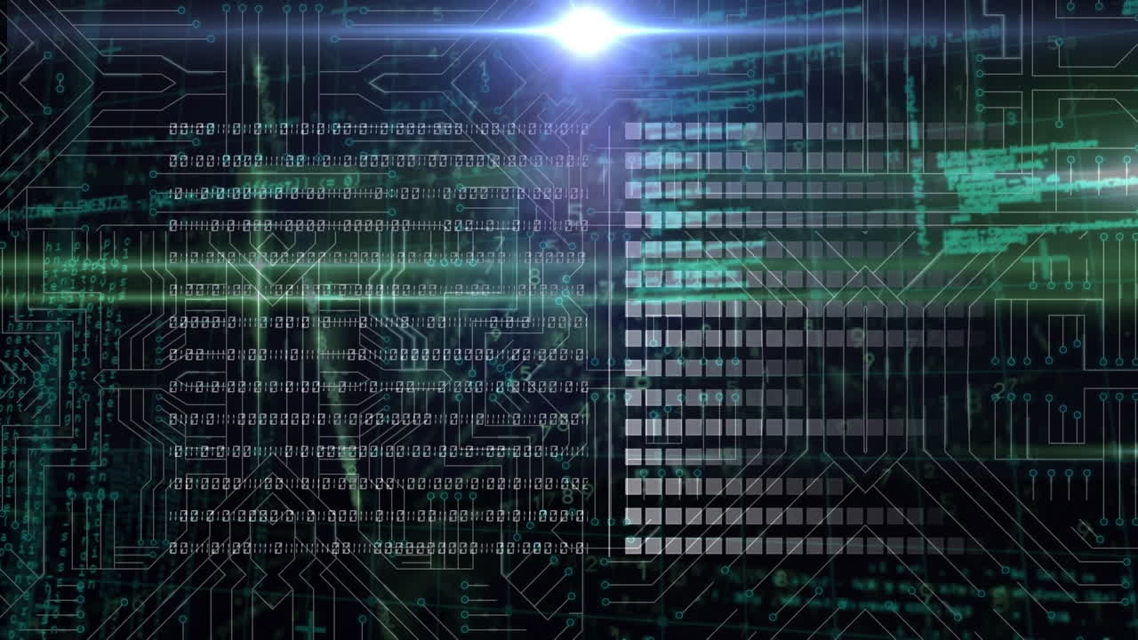 Animation of binary coding, data processing over glowing computer circuit board