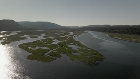 Helles-Sonnenlicht-Am-Morgen,-Das-Auf-Dem-Ruhigen-Wasser-Des-Feuchtgebiets-Und-Des-Flusses-In-Quebec,-Kanada,-Scheint-Und-Reflektiert