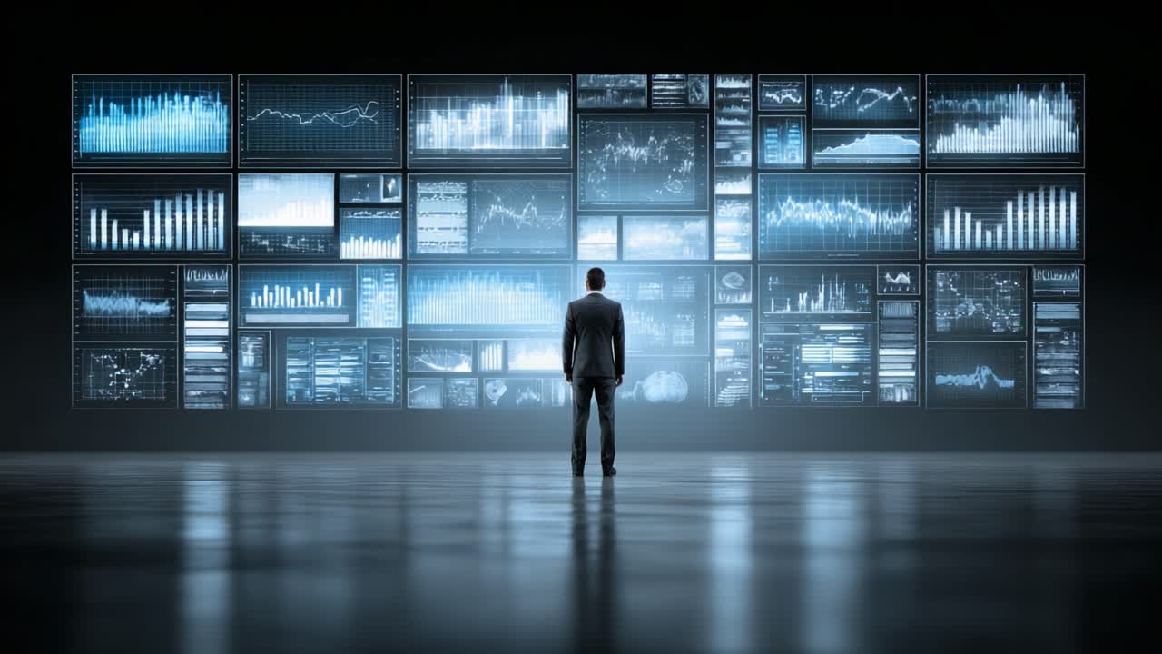 Analyzing Data Trends: A Business Professional Evaluates Comprehensive Analytics Displayed on Digital Screens for Informed Decision-Making and Strategy Development