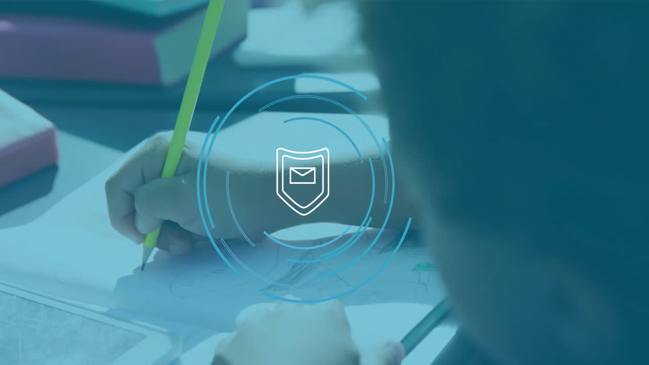 In school, child drawing with pencil, digital security animation overlaying scene