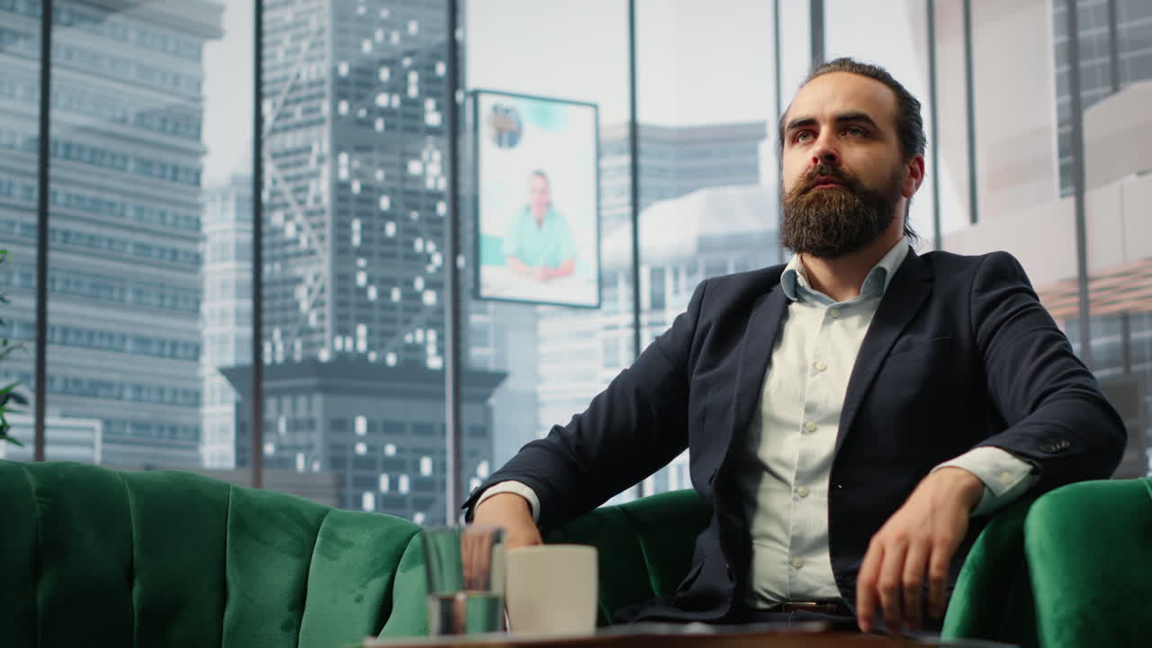 Vertical Video Businessman takes a break from tasks using meditation app for stress relief