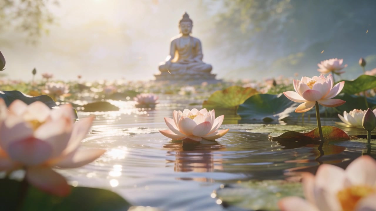 Telecamera che si avvicina lentamente mettendo a fuoco un loto rosa centrale in uno stagno del tempio, con un Buddha seduto.
