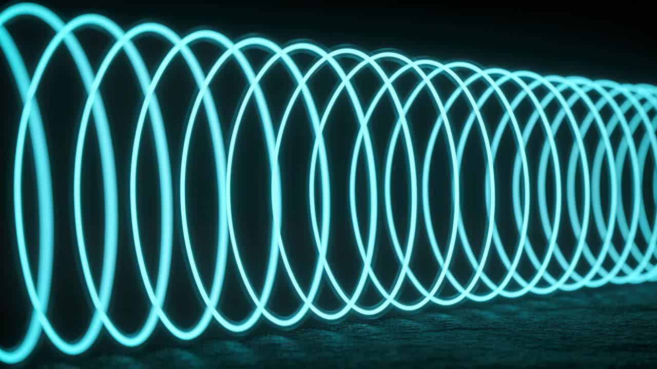 Playback starting continuous cyan neon helical coil shifting right across matte floor, making wave