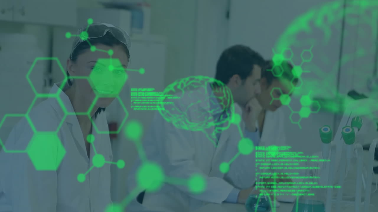 animación del procesamiento de datos científicos sobre diversos científicos en el laboratorio